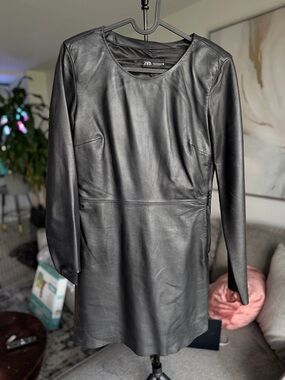 Zara Black Lamb Leather Long Sleeve Dress